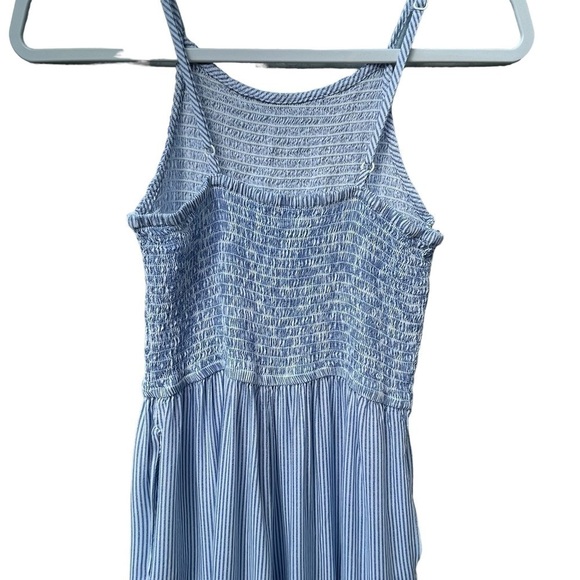 JAPNA WOMENS SMOCKED BODICE JUMPSUIT BLUE WHITE PINSTRIPES FLARE WIDE LEG SZ M - Picture 4 of 8